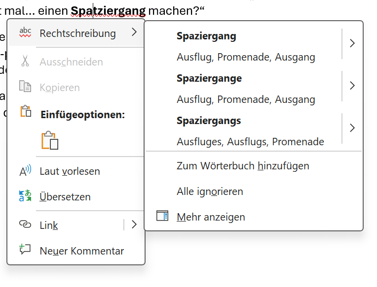 Korrekturvorschläge mit weiteren Optionen, KI