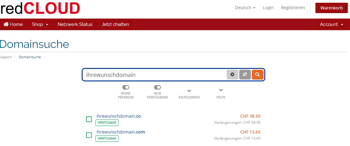 Domain checker, register redCLOUD domain, desired domain