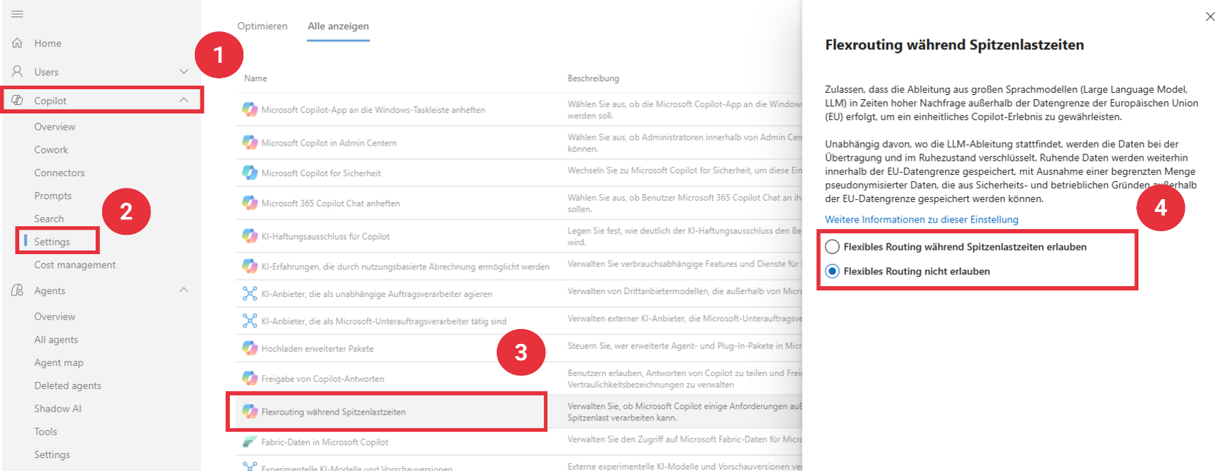 Copilot Datenschutz: Flex Routing im Admin Center einstellen